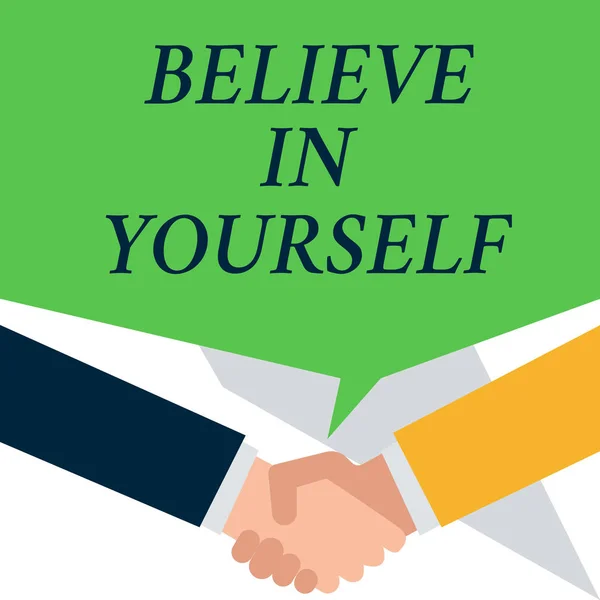 Conceptual hand writing showing Believe In Yourself. Business photo showcasing common piece of advice that you can do everything People have conversation greet each other and shake hands. — Stock Photo, Image