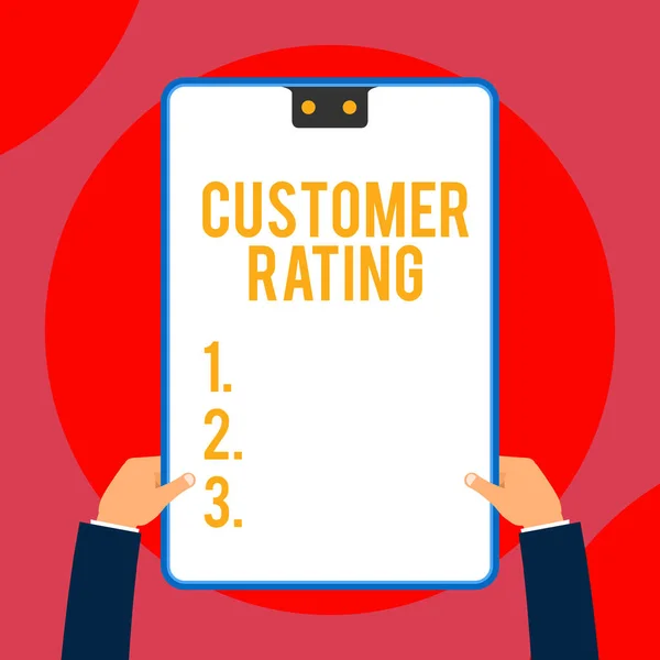 Text sign showing Customer Rating. Conceptual photo Each point of the customers enhances the experience Two executive male hands holding electronic device geometrical background.