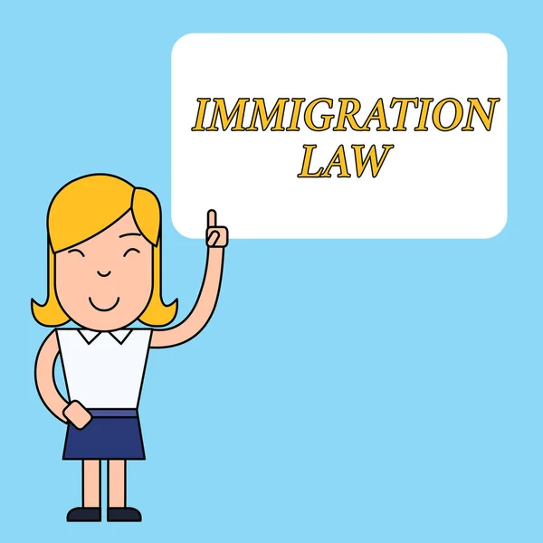Γραπτό σημείωμα που δείχνει το νόμο μετανάστευσης. Επιχειρηματική φωτογραφία που αναδεικνύει την μετανάστευση ενός πολίτη πρέπει να είναι νόμιμη στη δημιουργία της ταξιδιωτικής γυναίκας που στέκεται με τον αυξημένο αριστερό δείκτη δείχνοντας το κενό πλαίσιο κειμένου. — Φωτογραφία Αρχείου