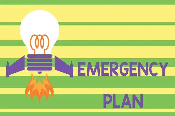 Writing note showing Emergency Plan. Business photo showcasing procedures for handling sudden or unexpected situations Top view launching bulb rocket fire base Project Fuel idea. — Stock Photo, Image