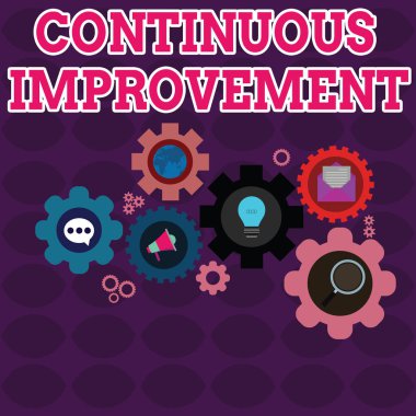 Text sign showing Continuous Improvement. Conceptual photo ongoing effort to improve products or processes Set of Global Online Social Networking Icons Inside Colorful Cog Wheel Gear.