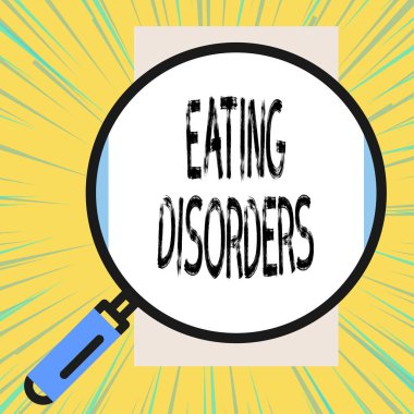 Yeme bozukluklarını gösteren bir not yazıyorum. Psikolojik anormal yemek alışkanlıklarını gösteren iş fotoğraflarında dikey dikdörtgen şeklinde büyük büyüteç var. Geometrik arkaplan.