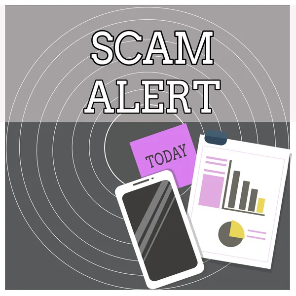 Text sign showing Scam Alert. Conceptual photo unsolicited email that claims the prospect of a bargain Layout Smartphone Off Sticky Notes Clipboard with Pie Chart and Bar Graph. — Stock Photo, Image