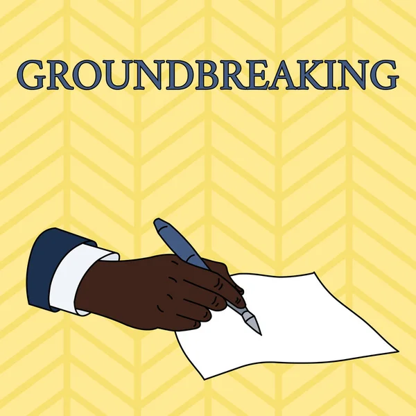 Word writing text Groundbreaking. Business concept for Very new and a big change from other things of its type Male Hand Formal Suit Holding Ballpoint Pen Blank Piece of Paper Writing. — Stock Photo, Image