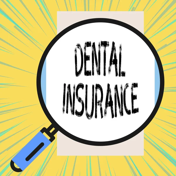 Writing note showing Dental Insurance. Business photo showcasing form of health designed to pay portion or full of costs Big magnifier glass looking vertical rectangle. Geometrical background.