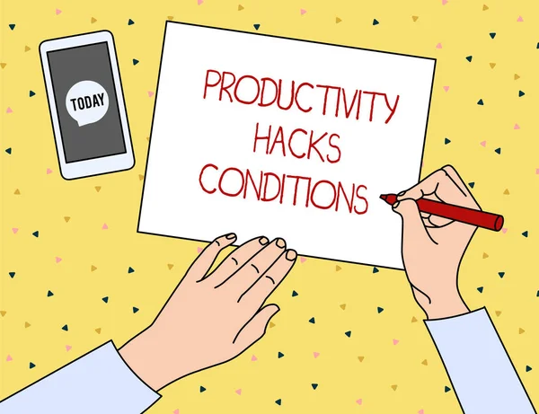 Conceptual hand writing showing Productivity Hacks. Business photo showcasing tricks that you get more done in the same amount of time Top View Man Writing Paper Pen Smartphone Message Icon.