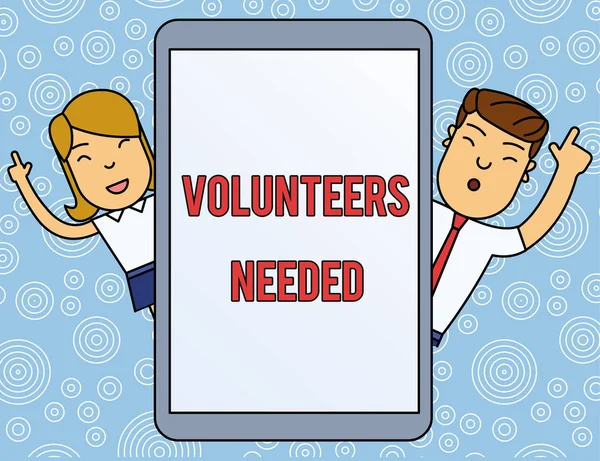 Word writing text Volunteers Needed. Business concept for need work or help for organization without being paid Male and Female Index Fingers Up Touch Screen Tablet Smartphone Device.
