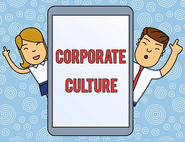 Word writing text Corporate Culture. Business concept for pervasive values and attitudes that characterize a company Male and Female Index Fingers Up Touch Screen Tablet Smartphone Device. — 스톡 사진