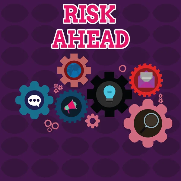 Text sign showing Risk Ahead. Conceptual photo A probability or threat of damage, injury, liability, loss Set of Global Online Social Networking Icons Inside Colorful Cog Wheel Gear. — Stock Fotó