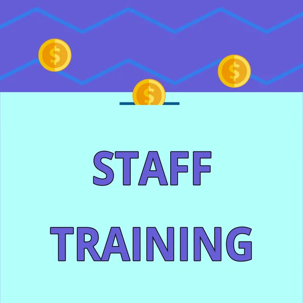 Conceptual hand writing showing Staff Training. Business photo text program that helps employees learn specific knowledge Three gold coins value thousand dollars one bounce to piggy bank.