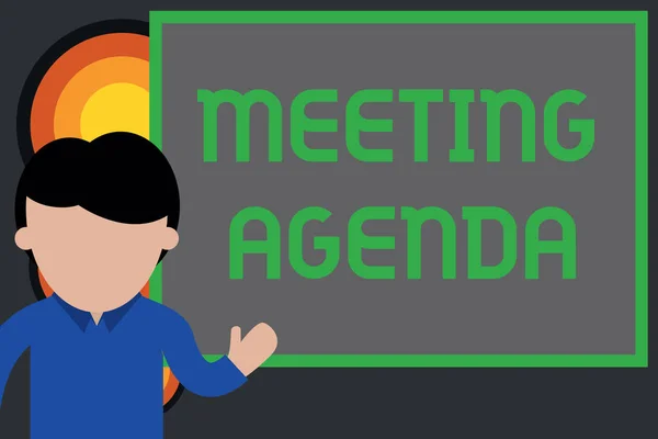 Text sign showing Meeting Agenda. Conceptual photo items that participants hope to accomplish at a meeting Young man standing in front whiteboard pointing to project. photo Art.