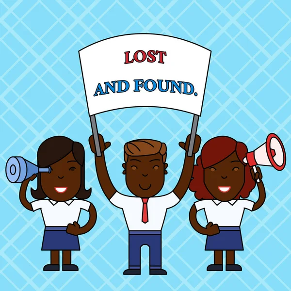 Text sign showing Lost And Found. Conceptual photo a place where lost items are stored until they reclaimed People with Blank Banner Megaphone and Spy Glass Peaceful Demonstration.