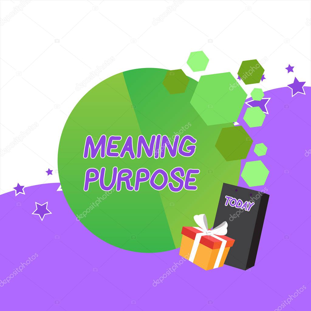 Handwriting text Meaning Purpose. Concept meaning The reason for which something is done or created and exists Greeting Card Poster Gift Package Presentation Box Decorated by Bowknot.