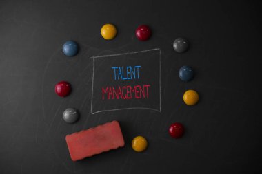 Conceptual hand writing showing Talent Management. Business photo text Acquiring hiring and retaining talented employees Round Flat shape stones with same sizes stick black board. clipart