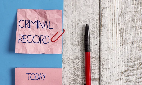 Handwriting text Criminal Record. Concept meaning profile of a demonstrating criminal history with details Wrinkle paper and cardboard plus stationary placed above wooden background. — Stock Photo, Image