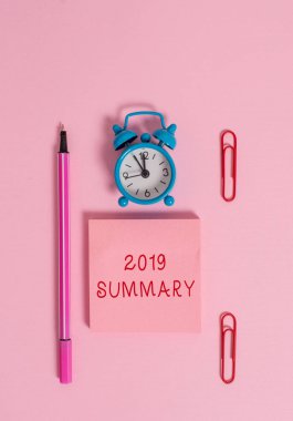 2019 Özetini gösteren kavramsal el yazısı. Özellikle 2019 Metal çalar saat boş not defteri işaret klipleri renkli arka plan ana noktaları kapsayan İş fotoğraf metin kısa kapsamlı.