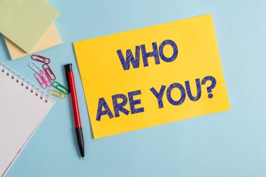 Who Are You question'ı gösteren not yazma. İş fotoğraf gösteren arka plan veya tarih Soran birini vitrine Düz karton ve pastel renk zemin üzerine yerleştirilen yazma ekipmanları.