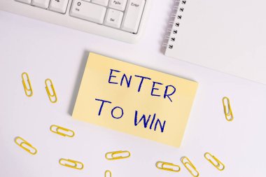 Enter To Win 'i gösteren kavramsal el yazısı. İş fotoğrafı sergisi ödül ya da kazanma şansı karşılığında bir şey takas ediyor..