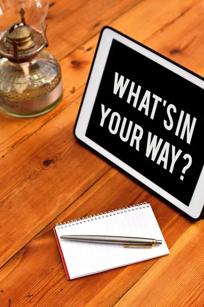 Handwriting text writing What S Is In Your Way question. Concept meaning someone needs for a particular action Writing equipments placed next to gadget plus a classic vintage lantern. — Stock Photo, Image