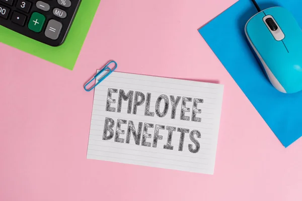 Conceptual hand writing showing Employee Benefits. Business photo showcasing Indirect and noncash compensation paid to an employee Wire electronic mouse calculator paper colored background.