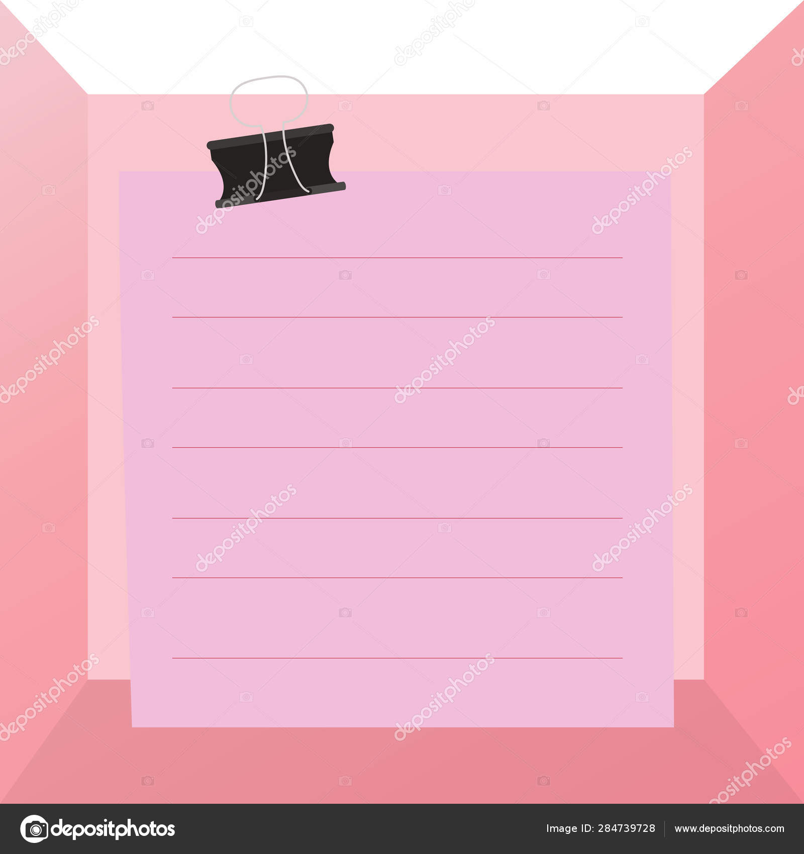 컬러 종이 노트 다채로운 배경에 검은 바인더 클립. 종이 클립 표면 사각형 모양의 노트북에 선판. 텍스트 메시지에 대한 빈 공백. 스톡  벡터 - ©artursz 284739728, image size:1600x1700