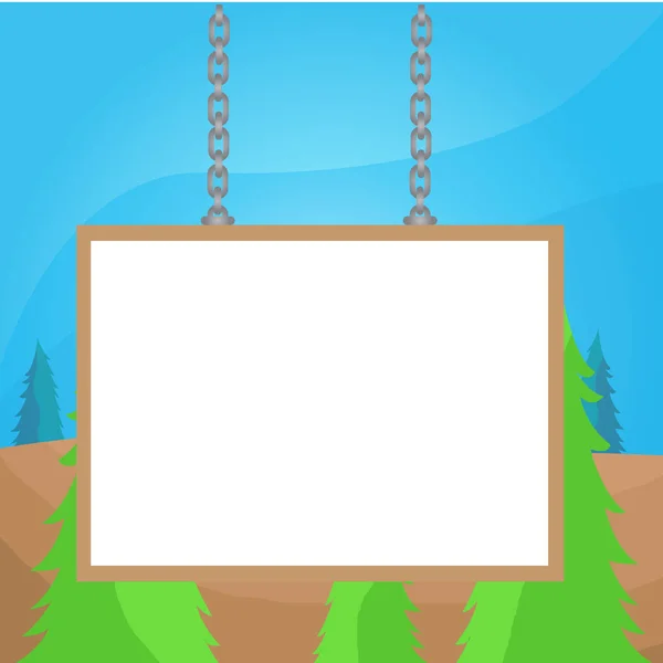 Whiteboard met gekleurd frame aan twee uiteinden aan de oppervlakte door kettingen. Lege lege ruimte paneel rechthoek gevormde structuur vast op kleurrijke achtergrond door metallic Bond. — Stockvector