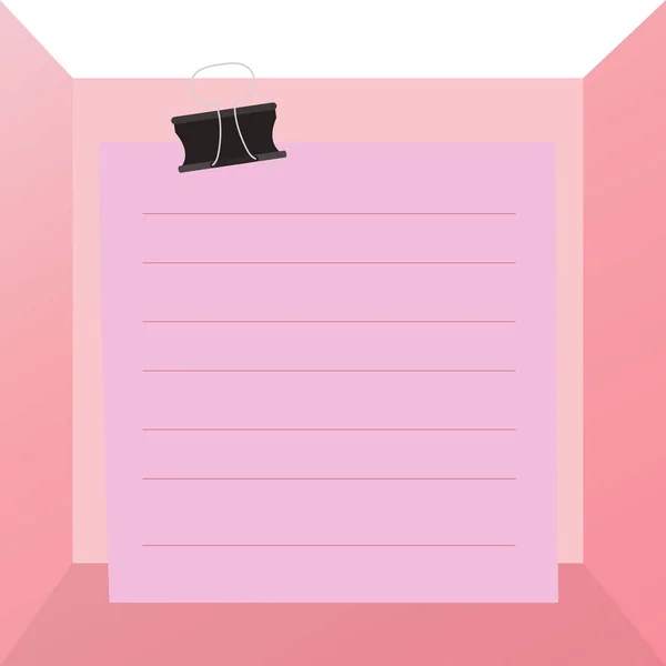 Gekleurd papier opmerking zwarte Binder clip op kleurrijke achtergrond. Karton met lijnen op oppervlakte vierkant gevormde notebook met paperclip. Lege spatie voor tekstbericht leegmaken. — Stockvector