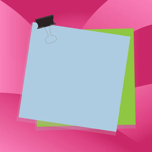 Gekleurde twee papieren notities geplakt door een zwarte Binder clip op kleurrijke achtergrond. Lege herinnerings memo die is gekoppeld door Office-clips op een oppervlak. Lege vierkante ruimte Kladblok. — Stockvector