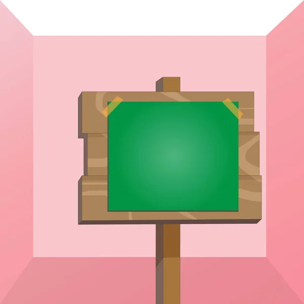 Cartel de madera cuadrada en un poste de madera con papel adherido por cinta adhesiva. Plank panel en un palo con la nota pegada por cinta de embalaje en dos extremos en la superficie . — Vector de stock