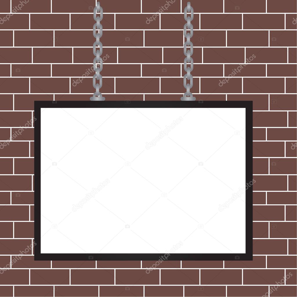 Whiteboard with colored frame attached at two ends on surface by chains. Empty blank space panel rectangle shaped structure fixed on colorful background by metallic bond.