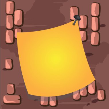 Renkli arka planda çiviyle tutturulmuş kavisli not kağıdı. Yüzeyde boş çıkartma işareti var. Yuvarlak uçlu kare boş çerçeve.