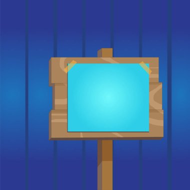 Yapışkan bant ile bağlı kağıt ile ahşap bir kutup kare şeklinde ahşap işareti. Yüzeyde iki uçta bant ambalaj tarafından sıkışmış notile bir sopa üzerinde Plank panel.