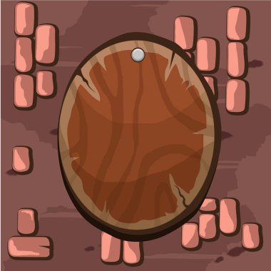 Yuvarlak oval tahta işareti sabit ve yüzeye sabitlenmiş. Renkli arka planda bağlı eliptik ahşap panel. Daire şekilli renkli ahşap tahta boş alan ile çivilenmiş.