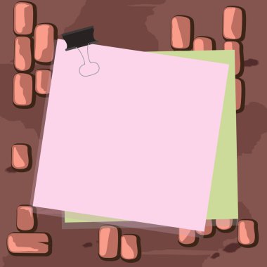 Renkli arka planda siyah bağlayıcı klibi tarafından sıkışmış renkli iki kağıt notları. Bir yüzeyde ofis kliplerine bağlı boş uyarı mektubu notu. Boş kare boşluk Not defteri.