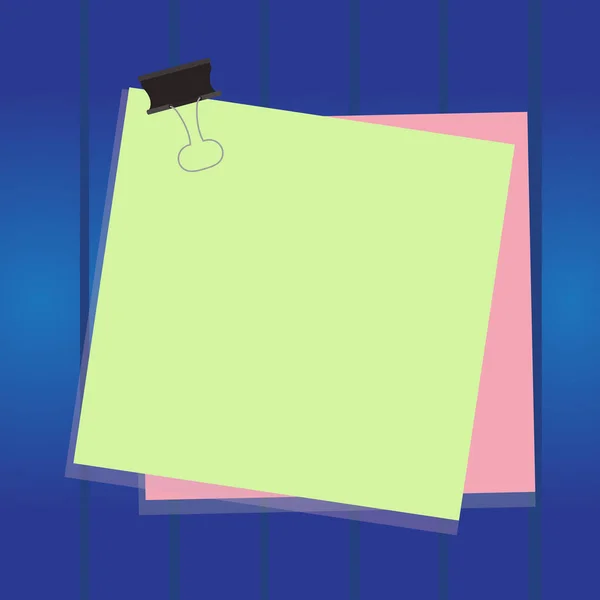 カラフルな背景に黒いバインダークリップで貼り付けた2枚の紙のノートを着色。表面上のオフィスクリップによって添付された空のリマインダーメモ。空白の正方形のスペースメモ帳. — ストックベクタ