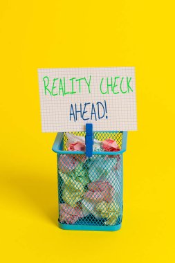 Reality Check Ahead'i gösteren metin işareti. Kavramsal fotoğraf onları durumlar veya zorluklar hakkında gerçeği tanımak yapar Çöp kutusu buruşuk kağıt clothespin boş hatırlatma ofis malzemeleri sarı.