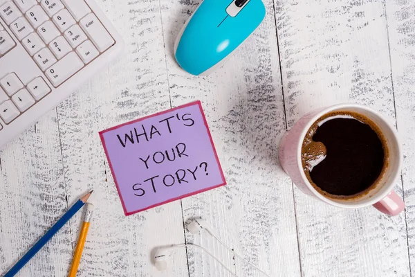 Texto a mano What S Your Story Question (en inglés). Concepto que significa preguntar demostrando sobre sus acciones de vidas pasadas eventos . — Foto de Stock