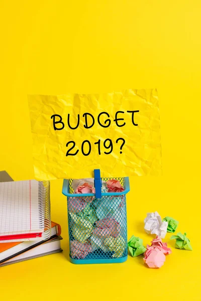 Conceptual hand writing showing Budget 2019 Question. Business photo showcasing estimate of income and expenditure for next year Trash bin crumpled paper clothespin office supplies yellow.