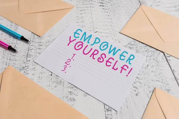 Word writing text Empower Yourself. Business concept for taking control of our life setting goals and making choices Envelopes highlighters ruled paper sheet wooden retro vintage background. — Stock Photo, Image