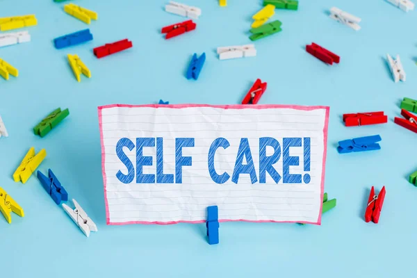 Conceptual hand writing showing Self Care. Business photo text practice of taking action to preserve or improve ones own health. — Stock Photo, Image