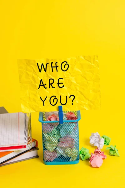 Conceptual hand writing showing Who Are You question. Business photo showcasing asking about demonstrating identity or demonstratingal information Trash bin crumpled paper clothespin office supplies