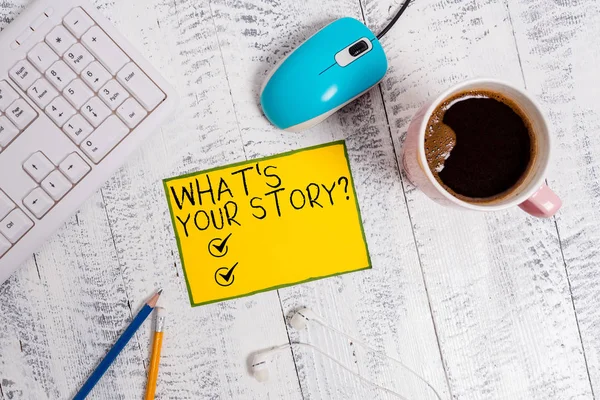 Texto de escritura de palabras What S Your Story Question. Concepto de negocio para preguntar demostrando sobre sus eventos de acciones de vidas pasadas . —  Fotos de Stock