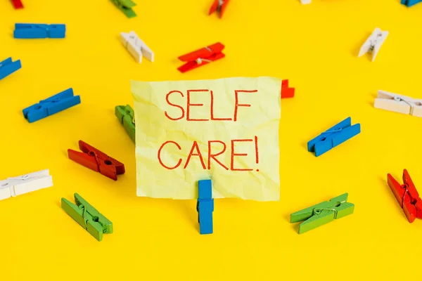 Conceptual hand writing showing Self Care. Business photo text practice of taking action to preserve or improve ones own health. — Stock Photo, Image