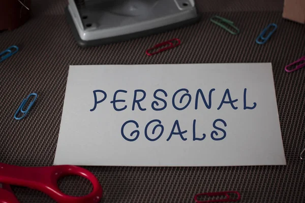 Word writing text Personal Goals. Business concept for Target set by a demonstrating to influence his efforts Motivation Scissors and writing equipments plus plain sheet above textured backdrop.