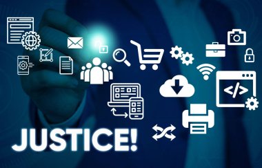 Adalet'i gösteren kavramsal el yazısı. İş fotoğraf metin çatışmalı iddiaları veya atamaları tarafsız ayarlama Erkek insan giyim resmi takım akıllı cihaz kullanarak sunan.