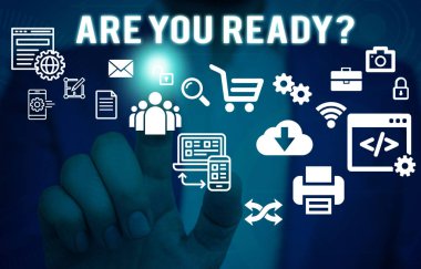 Kelime yazma metni Hazır Soru musunuz. Akıllı cihaz kullanarak sunum sunan erkek insan giyim resmi iş elbisesi hissediyorum birisi bir şey başlatmak için kullanılan iş konsepti.