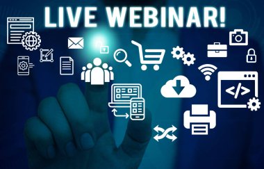 Kelime yazma metni Live Webinar. Sunum ders veya seminer web erkek insan giyim resmi iş elbisesi üzerinden iletilen akıllı cihaz kullanılarak sunum sunan iş konsepti.
