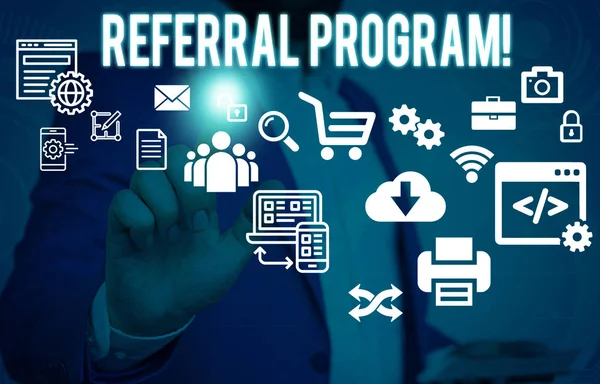 Conceptual hand writing showing Referral Program. Business photo showcasing internal recruitment method employed by organizations Male human wear formal suit presenting using smart device. — Stock Photo, Image