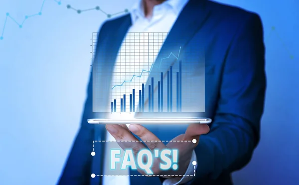 Ord skrivning text FAQ S. affärsidé för lista av ifrågasätter och svar som förbinder till bestämt, betvingar. — Stockfoto
