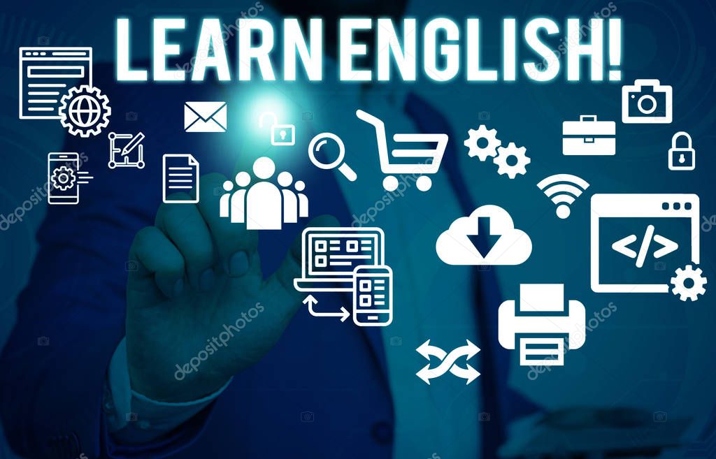 Conceptual hand writing showing Learn English. Business photo showcasing gain acquire knowledge in new language by study Male human wear formal suit presenting using smart device.